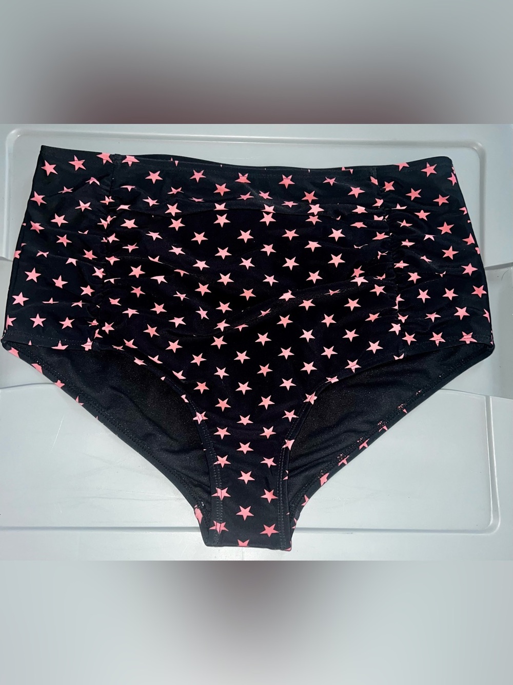 Black High-Waist Bikini Bottom with Pink Star Print